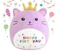 SQEQE Happy Birthday Stuffed Animal 10" Cat Soft Toys with Crown Cute Plush Pillow Cat Plush Toy for Kid Girl Boy Purple 25cm
