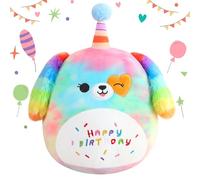 SQEQE Happy Birthday Stuffed Animal Rainbow Dog Soft Toys Cute Plush Pillow Unicorn Dog Plush Toy for Kid Girl Boy 35cm