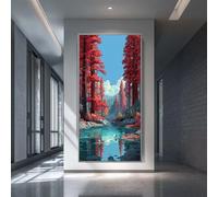 Square Diamond Painting Árbol Rojo 5D Full Drill Pintura de Diamante Río para Adultos 100x200cm, DIY Diamond Painting Adultos Grande Dibujos con Diamantes para Decoración de Pared del Hogar (SQ985)