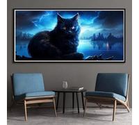 Square Diamond Painting Gato Negro 5D Full Drill Pintura de Diamante Escena Nocturna Fantástica para Adultos 70x140cm, DIY Diamond Painting Adultos para la Decoración de la Pared del Hogar (SQ697)