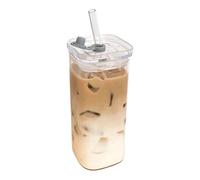Square Glass Cups - Glass Drinking Cups, 0.38lbs Clear Reusable Square Shaped Tumbler With Lid And Straws, Transparent Beverage Cup | For Coffee Tea Milk Juice Desk Kitchen Office Travel Home Party