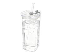 Square Glass Cups with Lid and Straws - Transparent Beverage Tumbler for Coffee Tea Milk Juice | Durabled Glass Drinking Cup for Desk Kitchen Office Travel Home Party Use