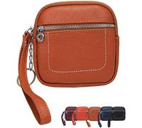 Square Leather Mini Card Wallet Coin Purse, Zipper Small Credit Card Holder Compact Key Pouch for Women, Coins and Cards (Brown)