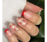 Square Press On Nails French Fake Glues On Strawberry Designs Artificial Acrylic Stick On On Nail Coffin Almond French Tip On Nail