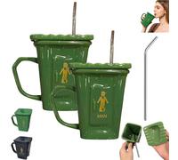 Squatting Toilet Shape Ceramic Mug, Funny Squat Toilet Mug, Novelty Toilets Mugs with Lids, Unique Gag Gift Water Cup, for Office, Coworkers, Home Desk (Green * 2Pcs)