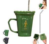Squatting Toilet Shape Ceramic Mug, Funny Squat Toilet Mug, Novelty Toilets Mugs with Lids, Unique Gag Gift Water Cup, for Office, Coworkers, Home Desk (Green)