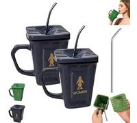 Squatting Toilet Shape Ceramic Mug, Funny Squat Toilet Mug, Novelty Toilets Mugs with Lids, Unique Gag Gift Water Cup, for Office, Coworkers, Home Desk (Gray * 2Pcs)