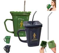 Squatting Toilet Shape Ceramic Mug, Funny Squat Toilet Mug, Novelty Toilets Mugs with Lids, Unique Gag Gift Water Cup, for Office, Coworkers, Home Desk (Green+Gray)