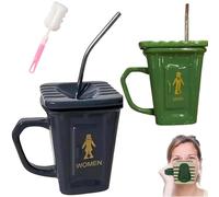 Squatting Toilet Shape Ceramic Mug,Funny Squat Toilet Mug with Straw,Novelty Bathroom Prank Drinking Cup,Unique Desk Decor Brewing Mugs (green+grey)