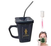 Squatting Toilet Shape Ceramic Mug,Funny Squat Toilet Mug with Straw,Novelty Bathroom Prank Drinking Cup,Unique Desk Decor Brewing Mugs for Office,Home,Parties and Prank Lovers Gift (grey)