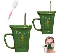 Squatting Toilet Shape Ceramic Mug,Funny Squat Toilet Mug with Straw,Novelty Bathroom Prank Drinking Cup,Unique Desk Decor Brewing Mugs for Office,Home,Parties and Prank Lovers Gift (2pcs green)