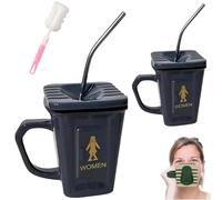 Squatting Toilet Shape Ceramic Mug,Funny Squat Toilet Mug with Straw,Novelty Bathroom Prank Drinking Cup,Unique Desk Decor Brewing Mugs for Office,Home,Parties and Prank Lovers Gift (2pcs grey)