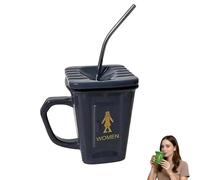 Squatting Toilet Shape Ceramic Mug, Funny Squat Toilet Mug with Straw, Unique Gag Gift Water Cup,Unique Desk Decor Drinking Mugs for Office,Home,Parties and Prank Lovers Gift (Gray)