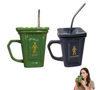 Squatting Toilet Shape Ceramic Mug, Funny Squat Toilet Mug with Straw, Unique Gag Gift Water Cup,Unique Desk Decor Drinking Mugs for Office,Home,Parties and Prank Lovers Gift (Green+Gray)