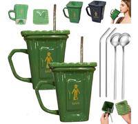 Squatting Toilet Shape Ceramic Mug - Novelty Toilet Mug with Lids & Detachable Straw, Novelty Trash Can Coffee Cup with Lid, for Office, Coworkers, Home Desk (Green*2)