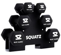Squatz Set de Mancuernas con Soporte 14.5kgs, Pesas de Neopreno Antideslizantes Hexagonales, Juego de Dumbbells para Fitness, Entrenamiento, Yoga y Ejercicio en Casa