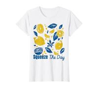 Squeeze The Day, limón, cítricos, Retro, Motivacional para el Verano Camiseta gráfica económica, Mujer, Blanco, M