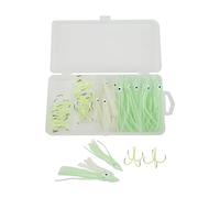 Squid Skirts Fishing Lures | Glow in Dark Octopus Bait with Quadruple Hooks | Stainless Steel Luminous Fishing Hook for Night/Deep Sea Fishing | 10 Hooks + 20 Baits + Storage Box (18#)