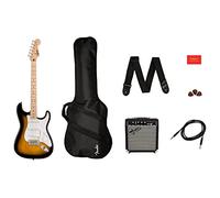 Squier by Fender - Paquete de guitarra eléctrica Stratocaster Sonic, diapasón de arce en 2 colores Sunburst, bolsa de concierto, amplificador de guitarra Squier Frontman de 10 W, púas, correa, cable,