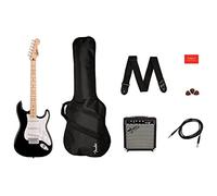 Squier by Fender - Paquete de guitarra eléctrica Stratocaster Sonic, diapasón de arce en negro, bolsa de concierto, amplificador Squier Frontman de 10 W, púas, correa, cable