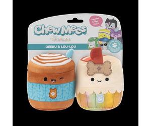Squishmallows Chewmees Deeku Pup Latte de 3.5 Pulgadas + Lou-Lou Bacon Cupcake Chew Mees Juguetes para Mascotas por Original Pet Toy 2 Piezas
