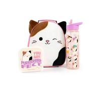 Squishmallows Juego de Bolsa para Almuerzo para Niñas | Set de 3 piezas para niños con bolsa de cena, botella de agua y pote para bocadillos | Bolsa de peluche Cam el Gato con orejas en 3D en rosa
