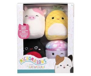 Squishmallows Micromallows - Peluche Original de 4 Unidades: Mariquita Trudy, Vaca Caedyn, piña Maui y Hongo Minya