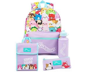Squishmallows Mochila para niñas | Conjunto de 4 piezas de bolsa escolar con bolsa de almuerzo, botella de agua y estuche para lápices | Diseño de Squishmallows morado | Accesorios para días escolares