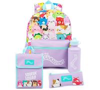 Squishmallows Mochila para niñas | Conjunto de 4 piezas de bolsa escolar con bolsa de almuerzo, botella de agua y estuche para lápices | Diseño de Squishmallows morado | Accesorios para días escolares