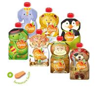 SQUIZ - EMPRESA FRANCESA - Pack de 7 bolsas recargables y reutilizables de 130 ml sin BPA - Para compotas, purés y smoothies - Para bebés, niños y adultos - Colección CARNAVAL - FABRICACIÓN SUIZA