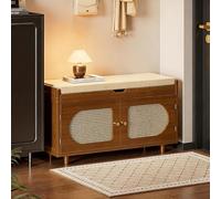 SQYHYTS Banco De Entrada Dos Niveles Bambú con Puertas Ratán para Zapatos Compartimento Almacenamiento En La Parte Superior Armario Grande 90cm Oculto Entrada, Pasillo, Salón,Marrón,90cm