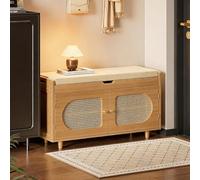 SQYHYTS Banco De Entrada Dos Niveles Bambú con Puertas Ratán para Zapatos Compartimento Almacenamiento En La Parte Superior Armario Grande 90cm Oculto Entrada, Pasillo, Salón,Natural,90cm