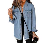 SQYZRZ 2025 New Women's Oversized Denim Jacket Button Down Frayed Hem Shacket Distressed Jean Jackets Fall Outfits (Blue-A,S)