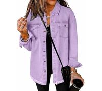 SQYZRZ 2025 New Women's Oversized Denim Jacket Button Down Frayed Hem Shacket Distressed Jean Jackets Fall Outfits (Purple-A,L)