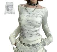 SQYZRZ Women Long Sleeve Fitted 2000s Goth EMO Music Shirt Grunge Off Shoulder Tops Teen Girls Vintage Y2k Graphic T-Shirt (White,L)