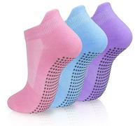 srclo 3 pares de calcetines de yoga antideslizantes para mujer, calcetines de tobillo antideslizantes para pilates, talla 4-8, para fitness barre, ballet, baile, entrenamiento en casa, Rosa, morado