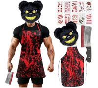 srclo Máscara de oso espeluznante, delantal sangriento, cuchillo de cocina de juguete, pegatinas de tatuaje, para Halloween, carnaval, incluye pegatinas de tatuaje, disfraz de oso de terror, máscara
