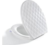 SREWOHS PRO Asiento de inodoro ovalado de cierre suave, diseño de diamante de polipropileno blanco, asiento de inodoro de liberación rápida con bisagras ajustables, antideslizante, asiento de inodoro