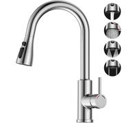 SREWOHS PRO Grifo Cocina Extraíble de Baja Presión, Grifo Fregadero Acero Inoxidable con 4 Modos de Agua, Caño Alto 187 mm Giratorio 360°, Monomando para Fregadero de 1 Agujero, Conexión G3/8, Níquel