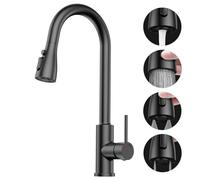 Grifo Cocina Fregadero Extraible Flexible - SREWOHS PRO Cabezal Grifo Cocina 4 Modos de Rociado,Grifo Cocina Extensible de Acero Inoxidable de Alto arco de 360°,1 Agujero Monomando Grifo Cocina,Negro