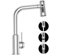 SREWOHS PRO Grifo de cocina con ducha extensible, alta presión, giratorio 360°, acero inoxidable con 3 tipos de chorro, grifo de cocina flexible monomando para 1 agujero