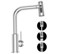 SREWOHS PRO Grifo de Cocina Extraíble Con Ducha de 3 Modos de Rociado Giratorio a 360°, Mezclador Monomando Flexible, Acero Inoxidable
