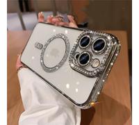 SRGDRR Funda de Silicona Suave con Carga magnética con Purpurina y Diamantes de imitación para iPhone 15 14 13 12 11 Pro MAX Plus, Funda Transparente a Prueba de Golpes, Plateada, para iPhone 15