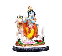 SrI Krishna CULTURE Figura de estatua de ídolo de Dios hindú y diosa de resina de poliéster hecha a mano con flauta y vaca Gau MATA (multicolor, 4 pulgadas)