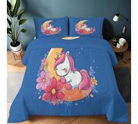 Srigzcaly Edredón Matrimonial Reversible 155 x 220cm, Azul Cartoon Unicornio Flores Luna Estampado Único, Juego de Cama Coverless Hipoalergénico, Transpirable y Lavable, 2 Fundas