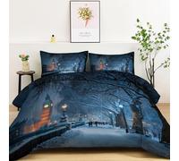 Srigzcaly Edredón Nórdico 200x200cm 4 Estaciones - Relleno de Fibra 200gr/m2, Escena Nieve Personas paseando por la Ciudad Suave Transpirable Ligero y Cálido para Invierno, Azul Claro