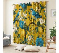 Srigzcaly Juego de 2 cortinas opacas con diseño de plantas de acuarela, limones, pájaros azules, amarillo, 166 x 75 cm (alto x ancho), con ojales, reducen el ruido y son opacas para dormitorio