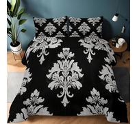Srigzcaly Negro Estampado Patrón Plata Folk RetroEdredón Matrimonial 155 x 220cm, Set Coverless 4 Estaciones, Microfibra Suave Lavable a Máquina, 2 Fundas