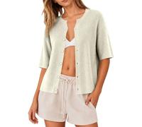 Srtick - Chaqueta de bolero para mujer, ligera, manga corta, con botones | Elegante cárdigan corto de un solo color suéter de punto de cuello redondo suéter de punto casual bolero Shrugs chaqueta de