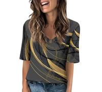 SRTUMEY Camisetas de verano para mujer, manga hasta el codo, cuello en V, estampadas, informales, holgadas, para verano, 2024, gris, XL
